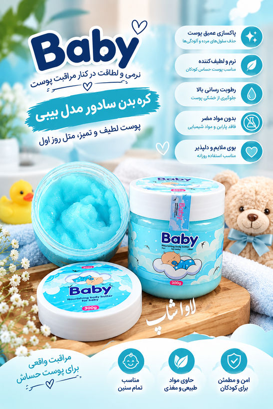 کره بدن سادور مدل Baby | حجم ۳۰۰ گرم | نرمکننده و مرطوبکننده عمیق